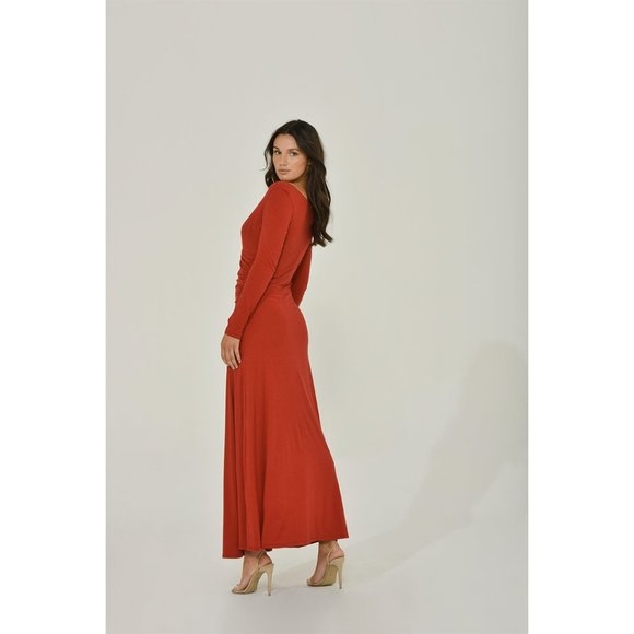 Long Sleeve Maxi Wrap Dress with High Slit | Red | Plunge Neck Dress - Picture 4 of 5